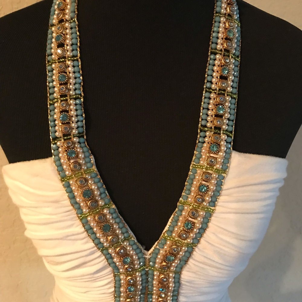 Gorgeous Sky Brand Top White w/ Turquoise Beading!